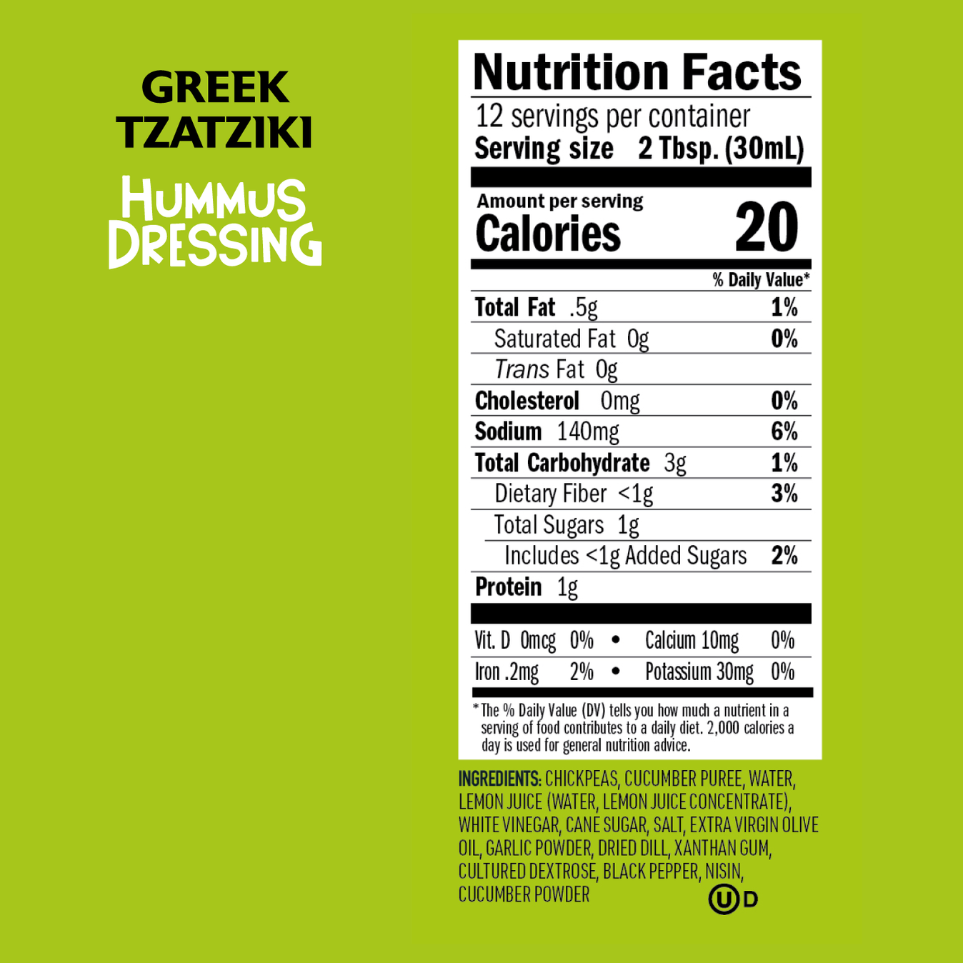 Nutrition facts for Greek Tzatziki flavored chickpea condiment. Low-calorie, clean-label, and vegan. 