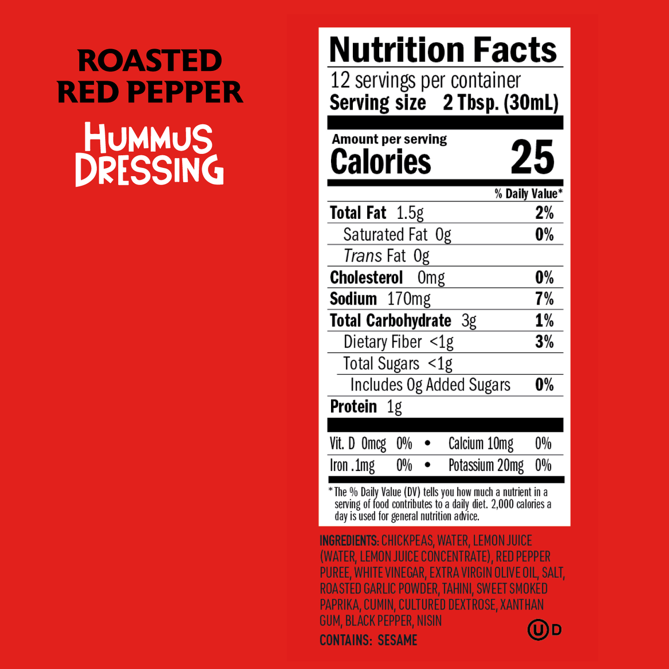 Nutrition facts for plant-based chickpea condiment. Low-calorie, clean-label, and vegan. 