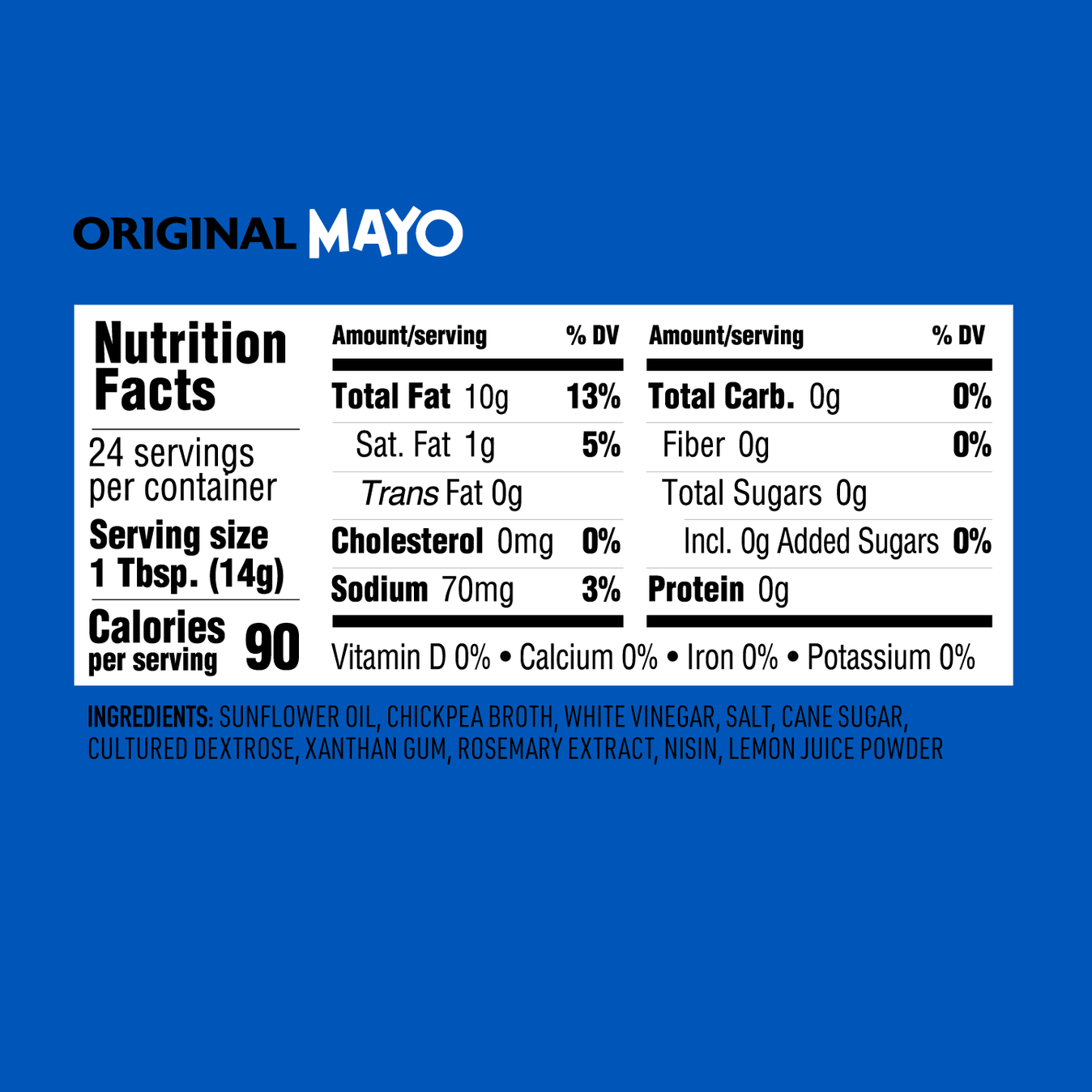 Nutrition facts for O'dang Foods brand Original Vegan Mayo made with chickpeas and sunflower oil. Carb free, cholesterol free, clean label.