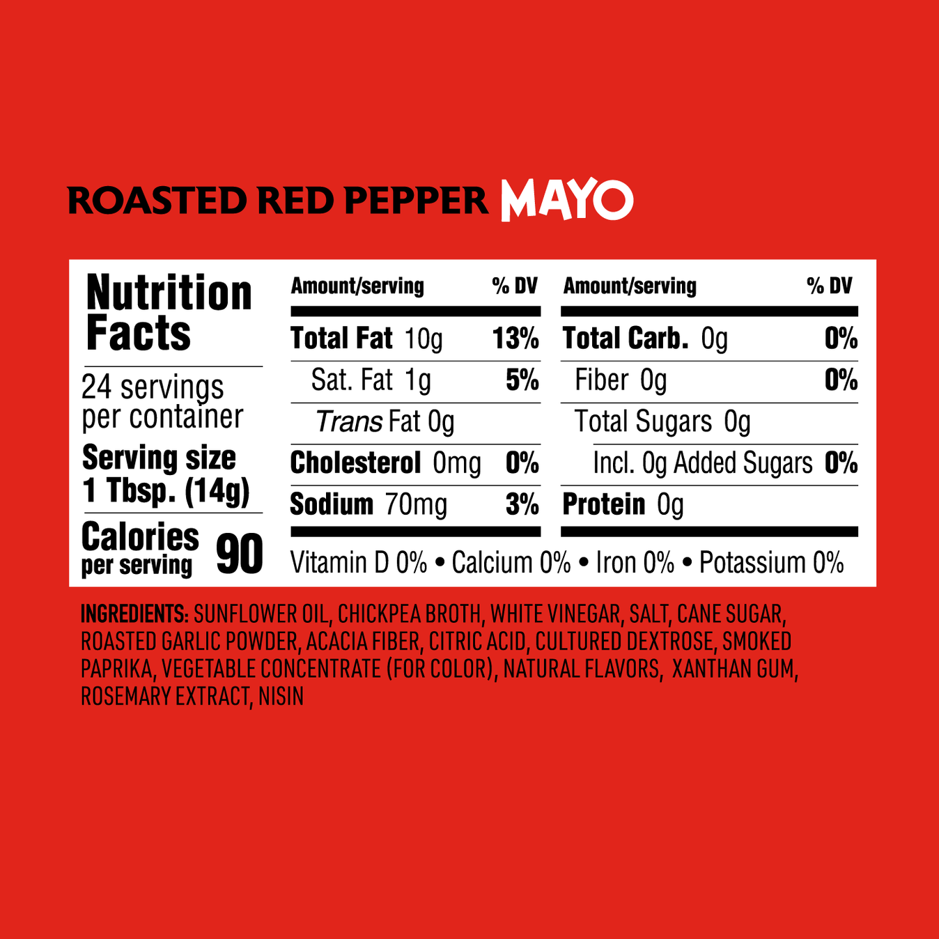 Nutrition facts for O'dang Foods brand Roasted Red Pepper Vegan Mayo made with chickpeas and sunflower oil. Carb free, cholesterol free, clean label.