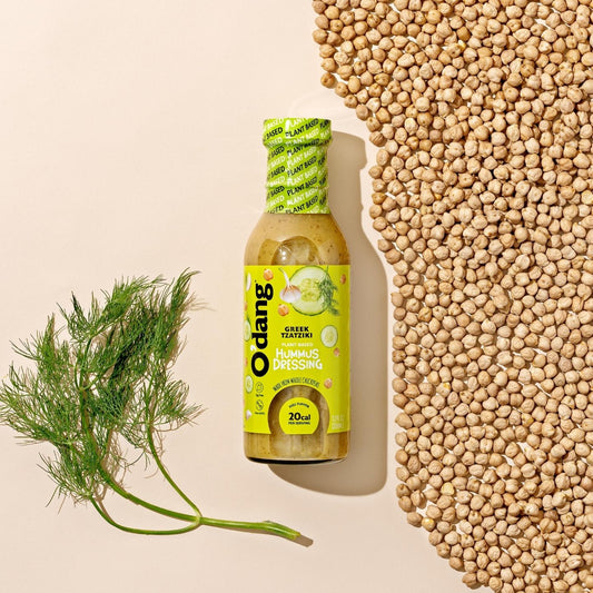 Odang Foods plant-based chickpea dressing with chickpeas and dill sprig.