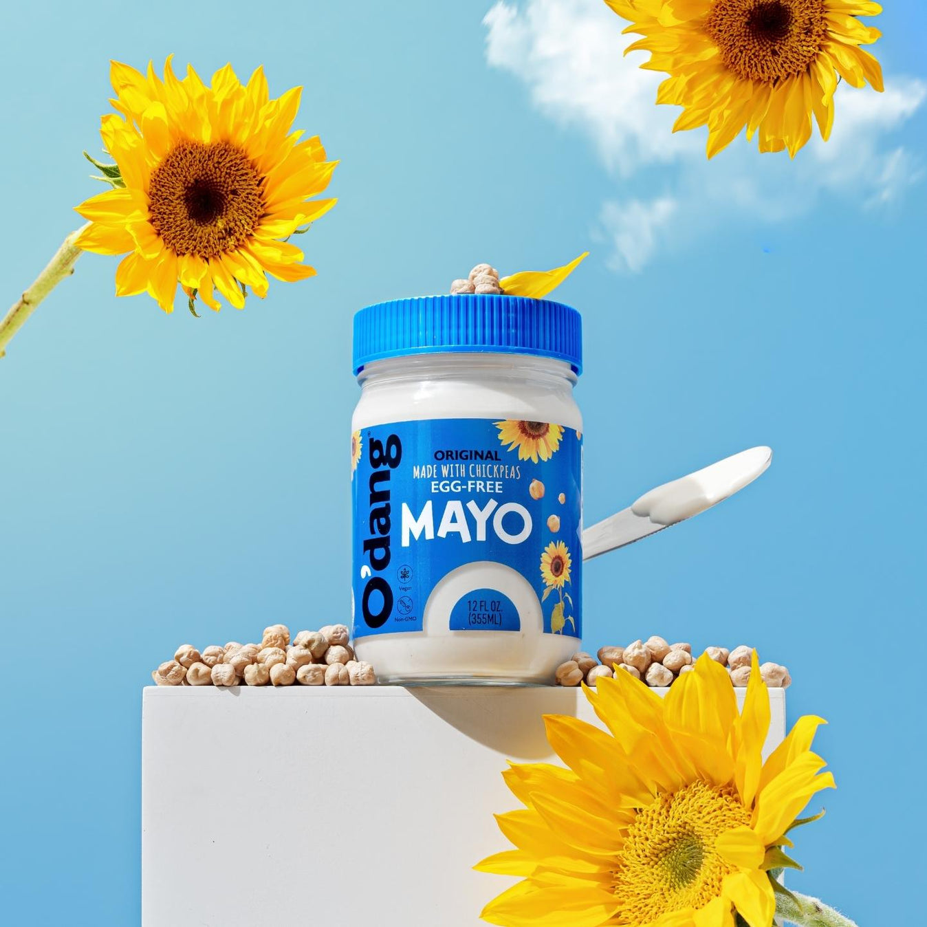 Sunflowers and chickpeas with O'dang Foods brand plant-based original vegan mayo/